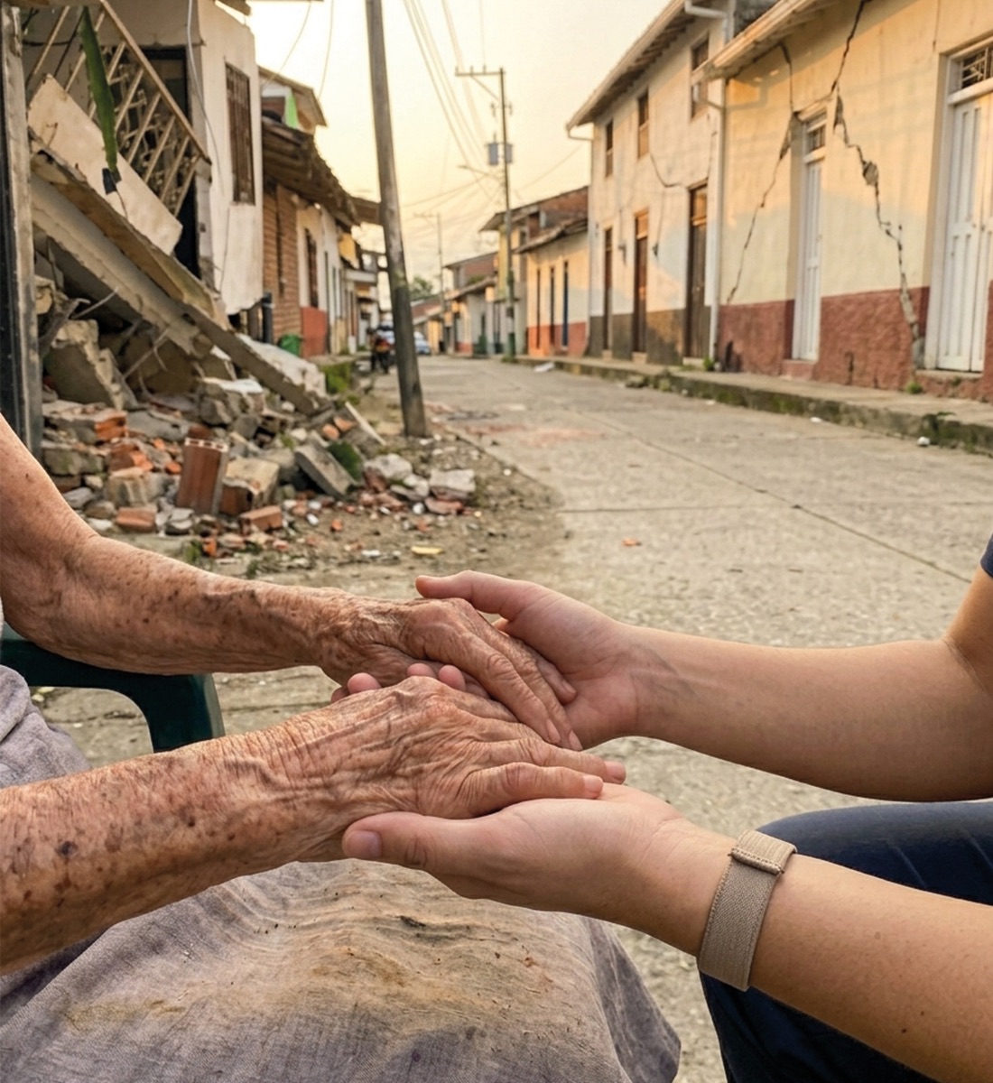 Manos de una persona mayor y de una voluntaria sosteniéndose, con luz cálida